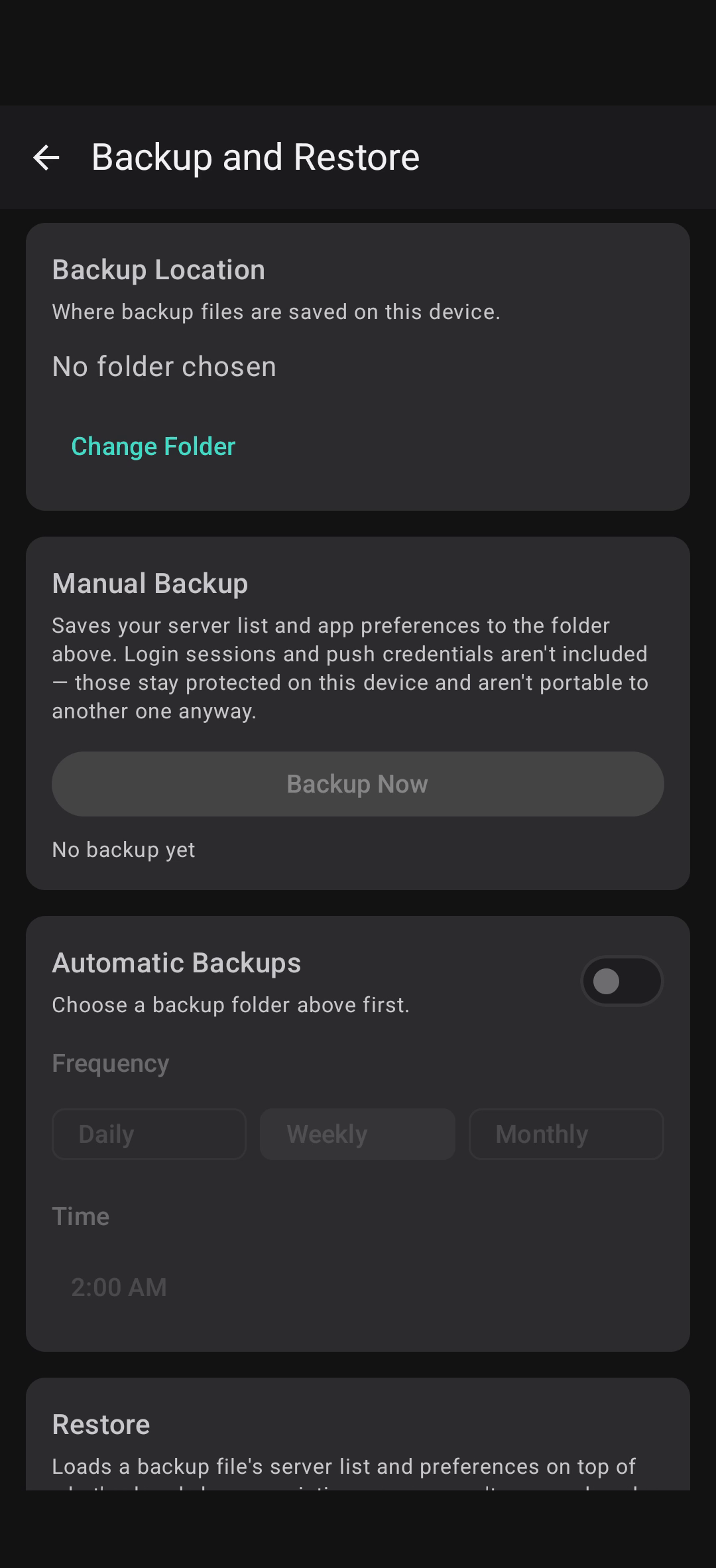 PocketGuac — Backup & Restore screen