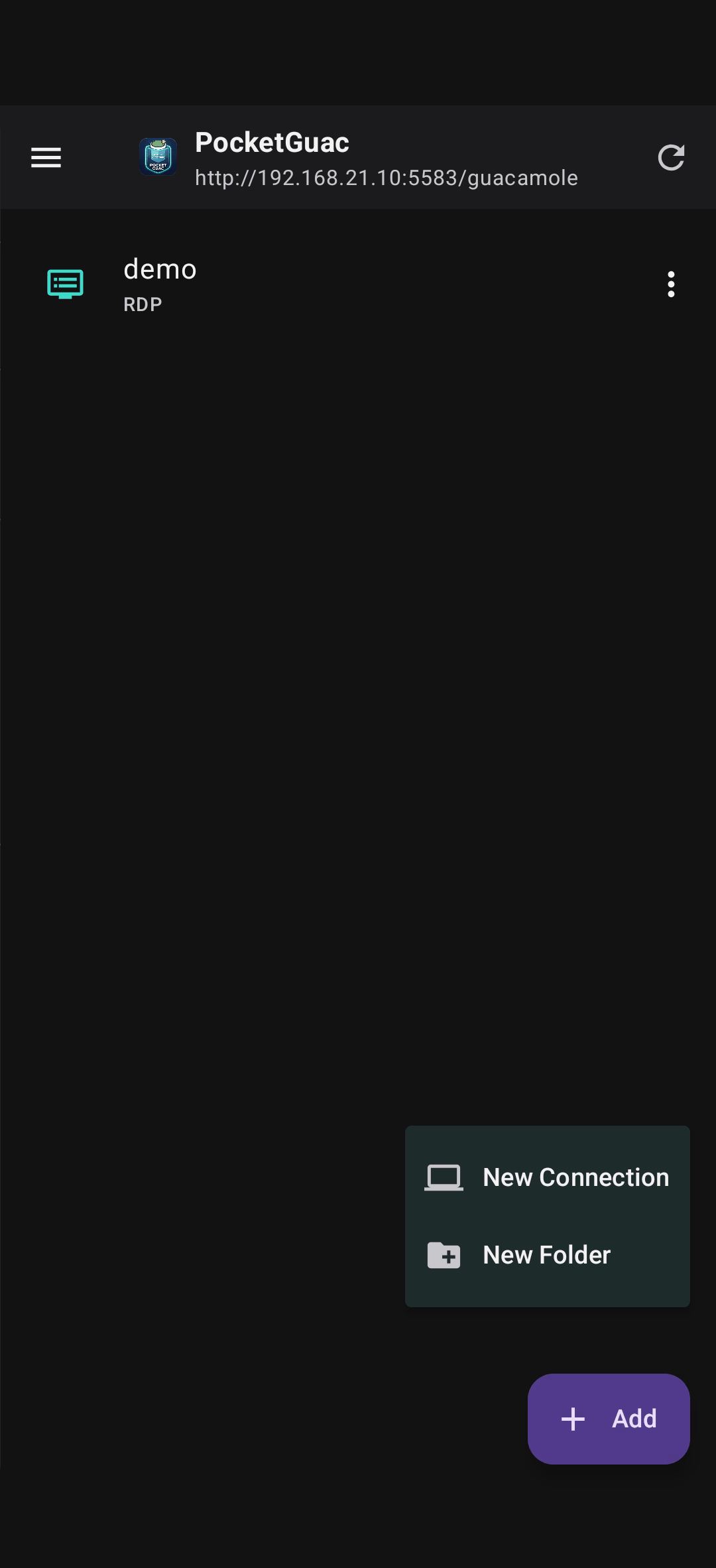 PocketGuac — Connections screen