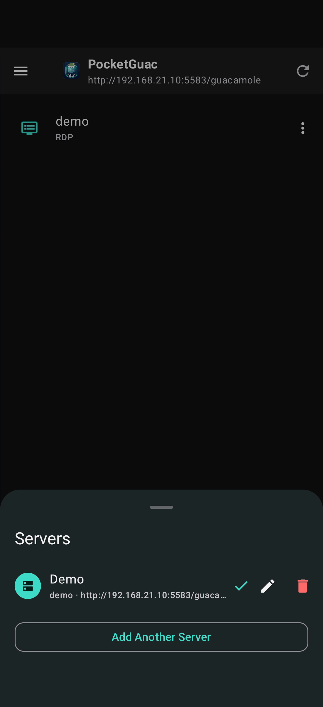 PocketGuac — Servers screen