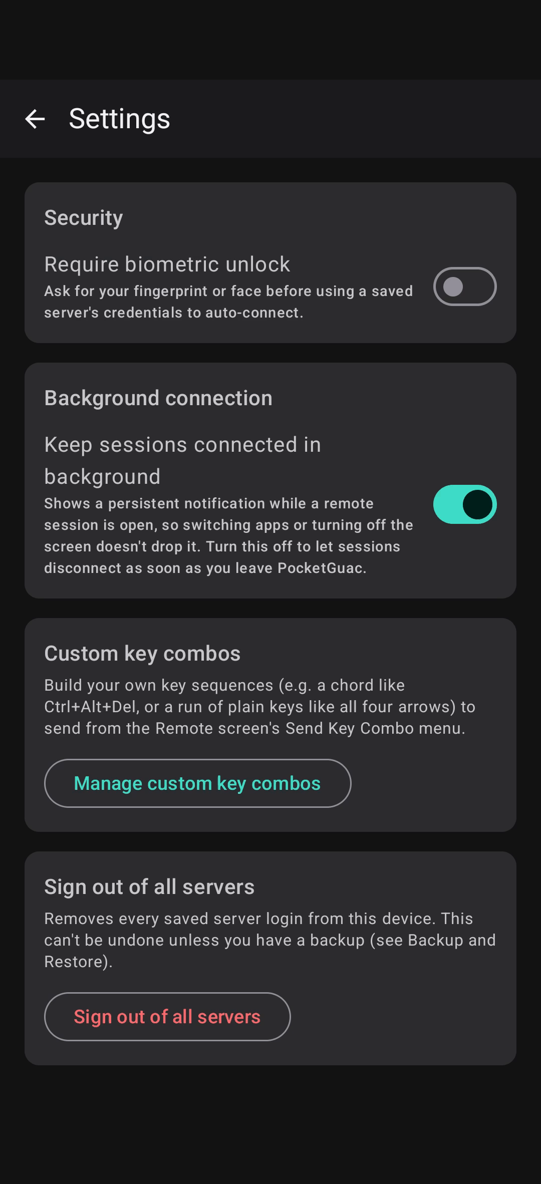 PocketGuac — Settings screen